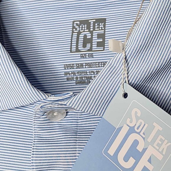 SanSoleil NEW Sol Tek Ice 2XL Blue Striped Men's‎ Long Sleeve Polo Shirt FLAW - Picture 5 of 6